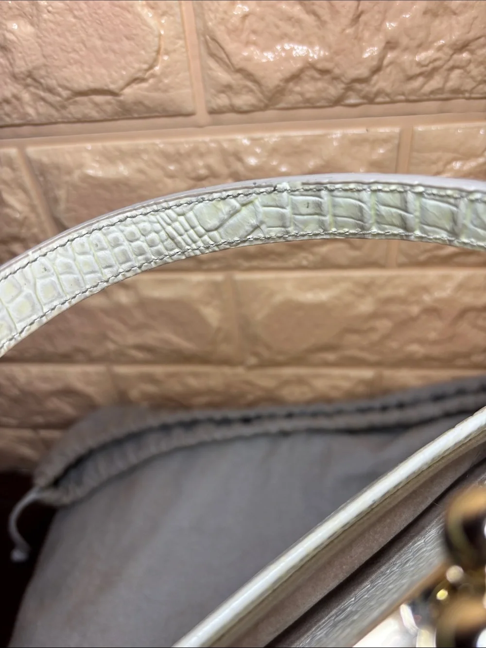 Brahmin White Pearlescent Croc-Embossed Kiss Lock Frame Satchel with Top Handle
